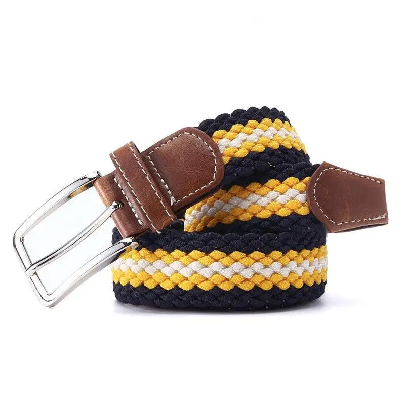 Blue braided elastic belt with striped woven pattern, leather accents, and silver buckle
