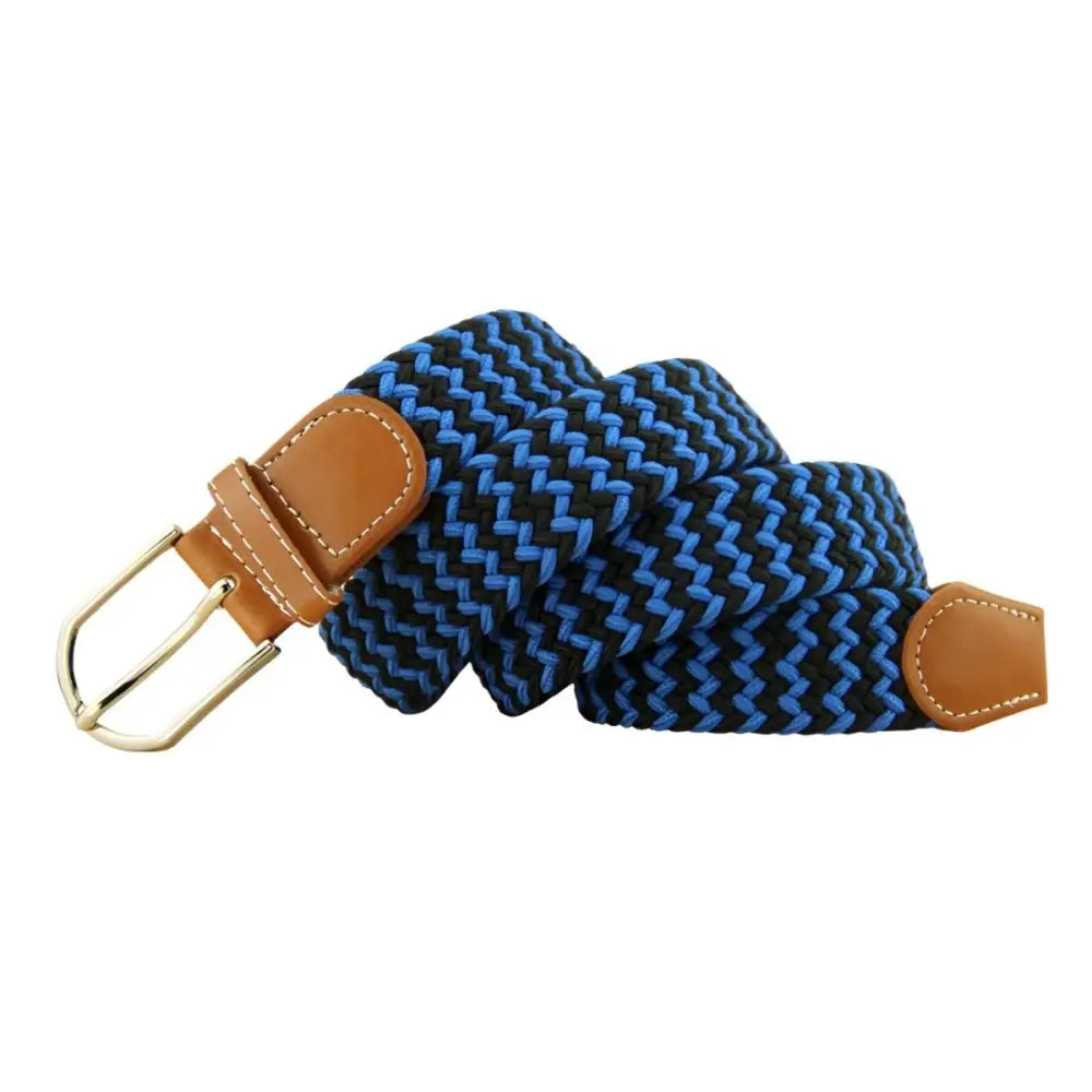 Braided blue and black elastic belt with brown leather accents and a gold buckle
