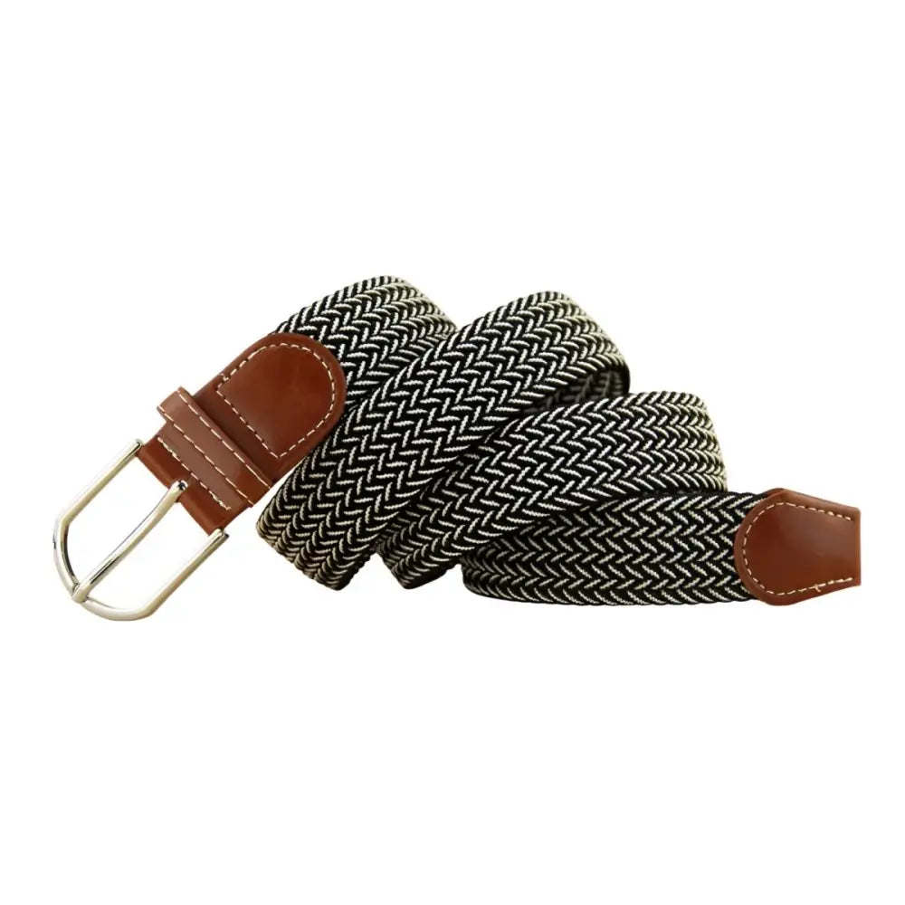Braided black and white elastic belt with brown leather accents for stylish wear