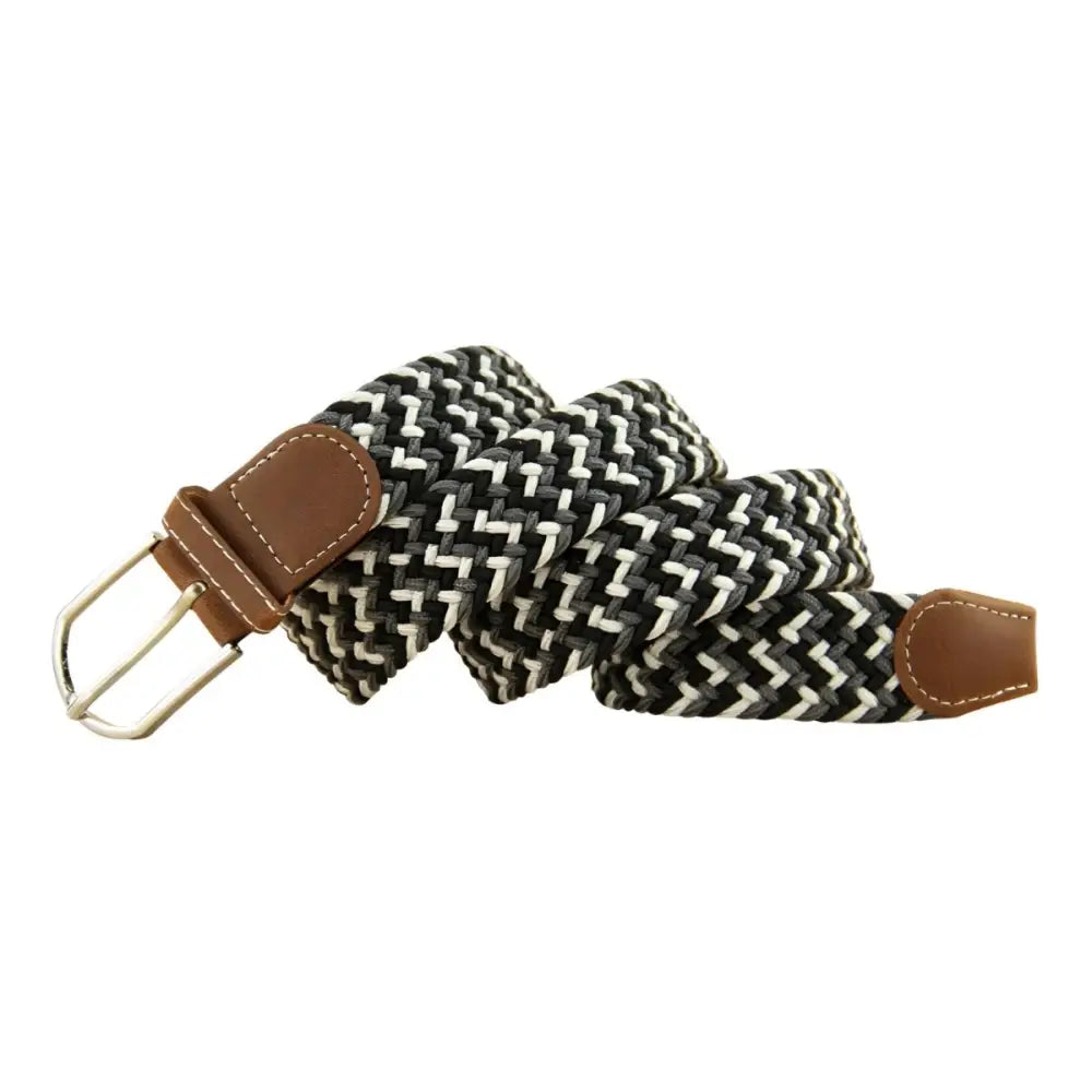 Braided black white and gray elastic belt with brown leather accents for versatile style