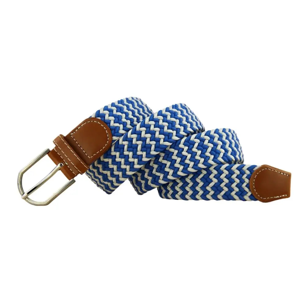Blue and white woven elastic belt with brown leather accents for stylish wear