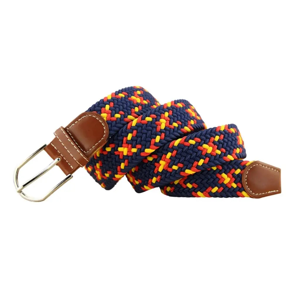 Braided elastic belt with leather accents for stylish and adjustable waist fitting