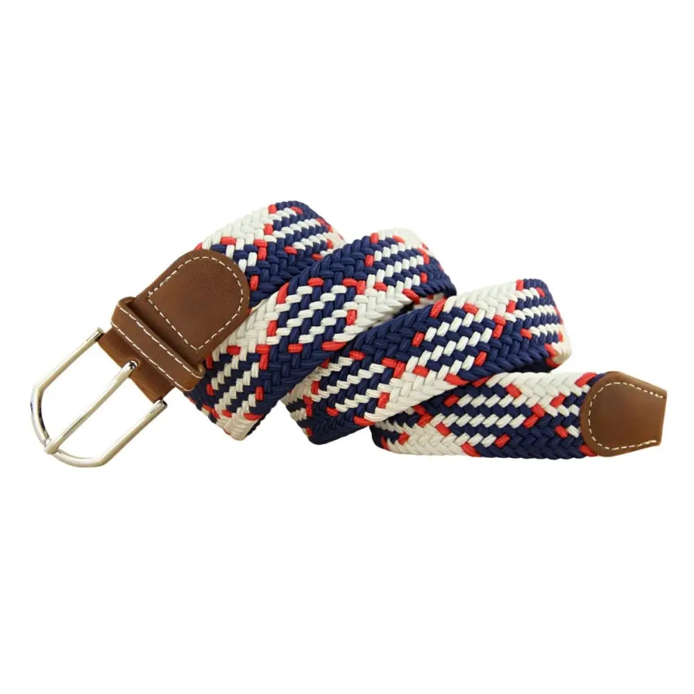Braided elastic belt with leather accents, stylish and adjustable accessory for men and women
