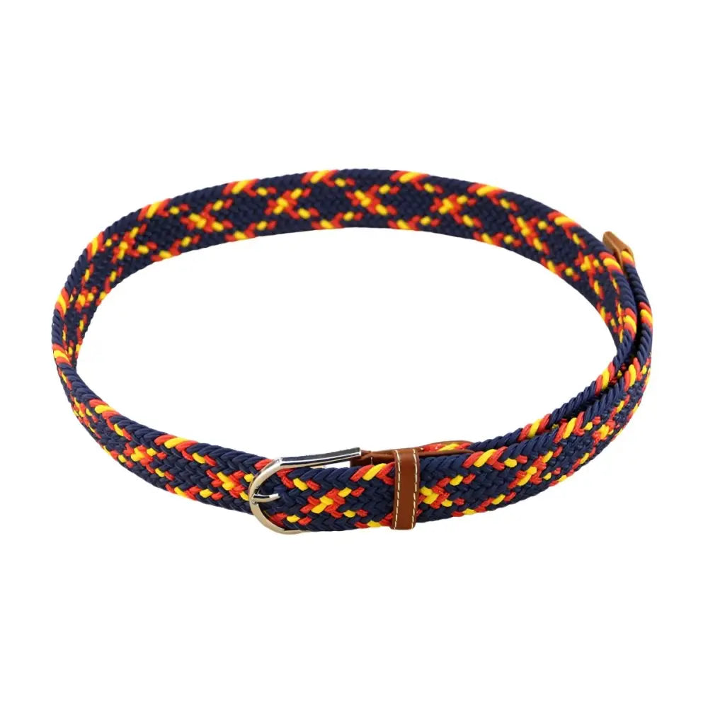 Braided elastic belt with leather accents and metal buckle displayed in product image
