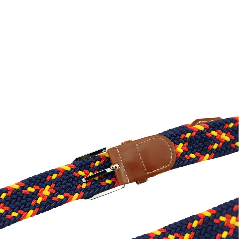 Braided elastic belt with leather accents and metal buckle for stylish wear