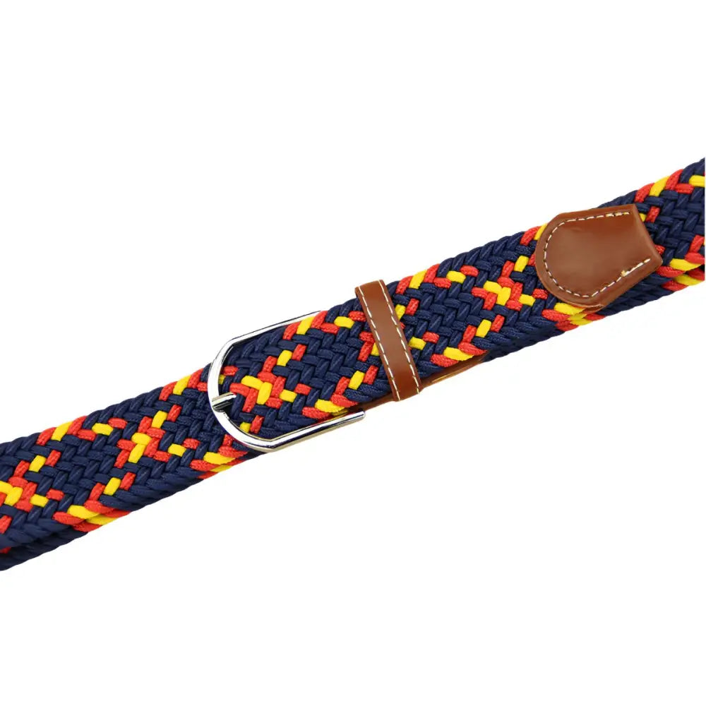 Braided elastic belt with leather accents for stylish waist adjustment