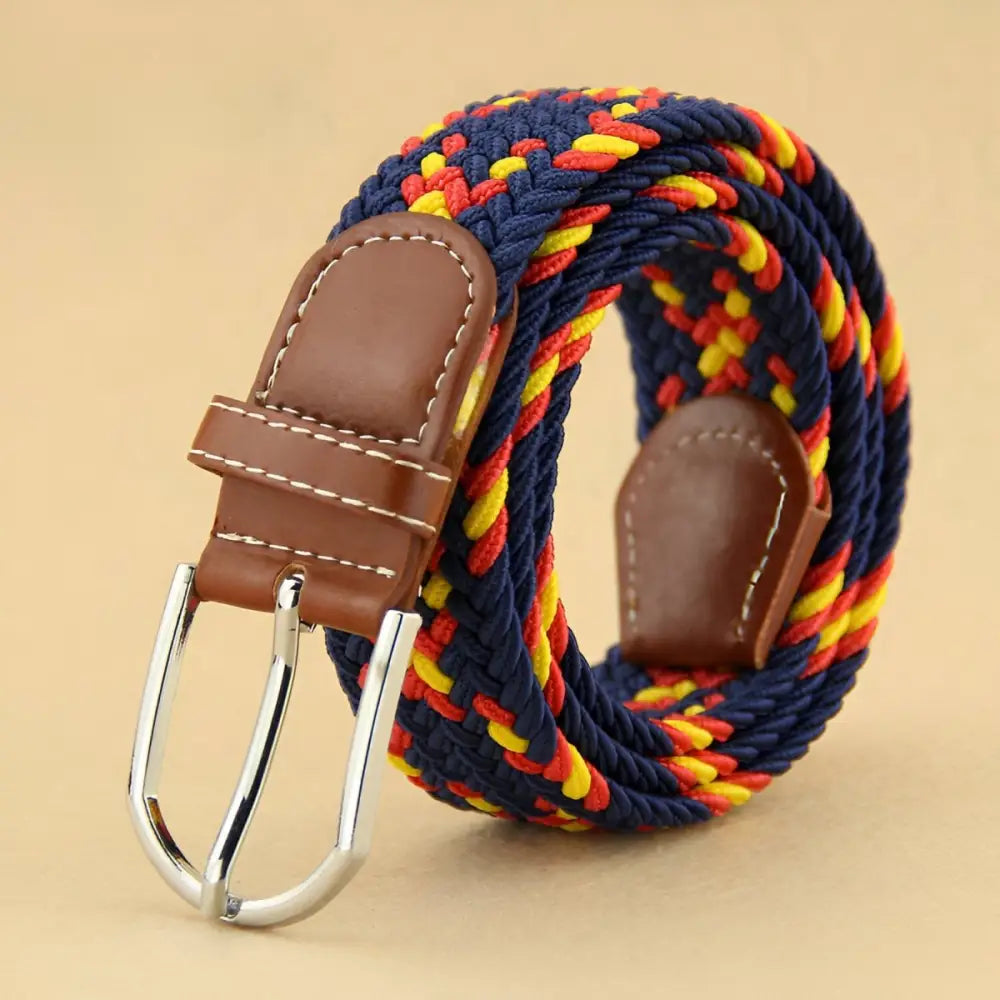 Braided elastic belt with leather accents displayed in a product image