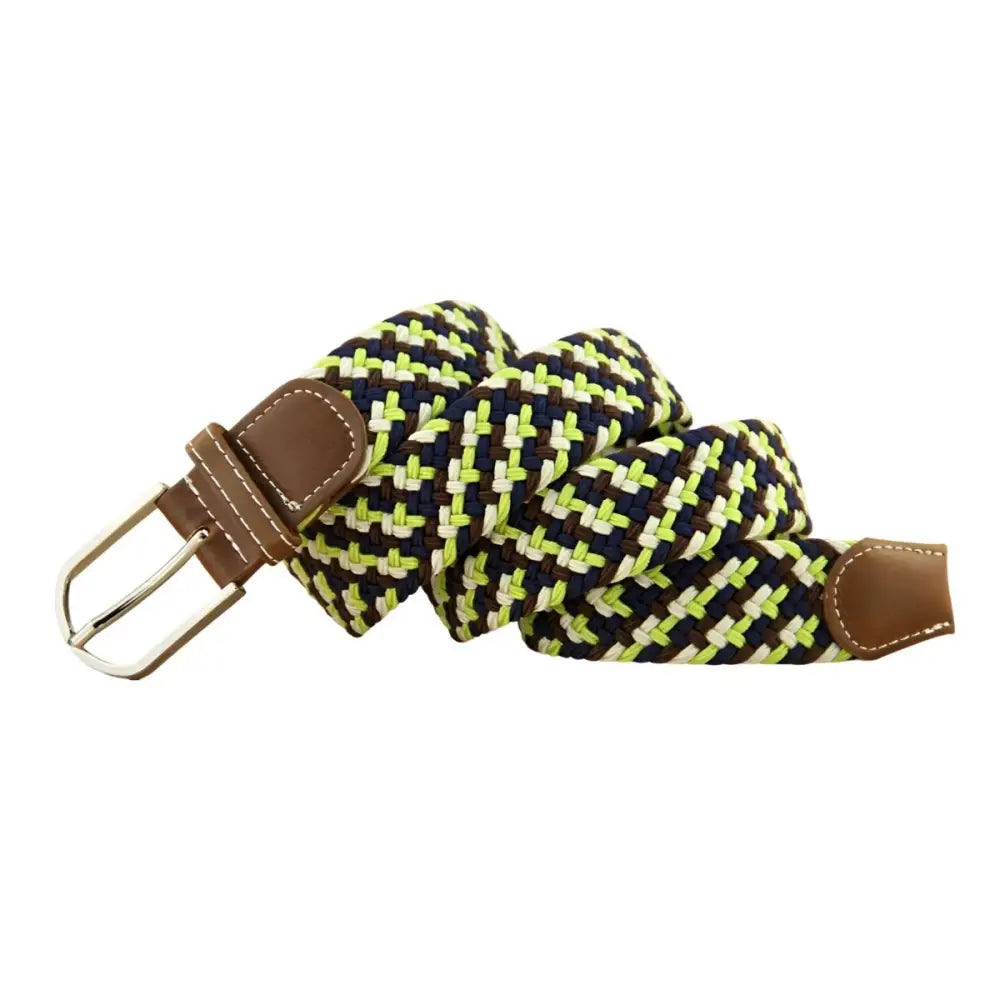 Braided elastic belt with leather accents displayed in the product image