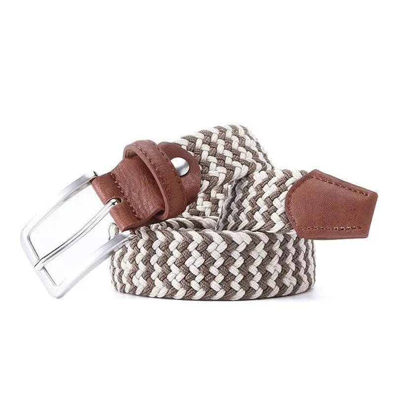 Assorted braided elastic belts with leather accents for stylish waistwear