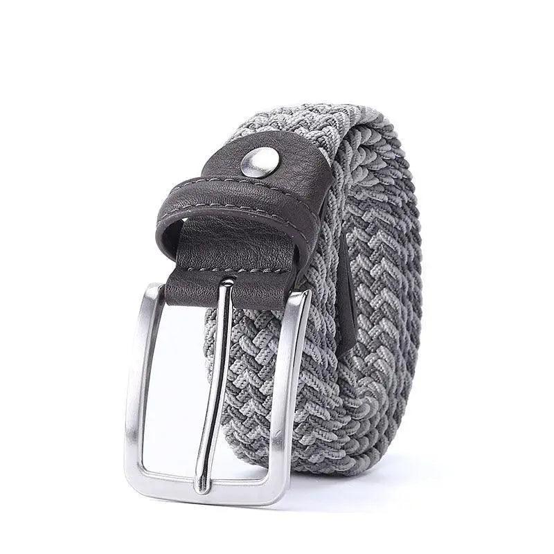 Braided gray elastic belt with leather accents and silver buckle for stylish wear