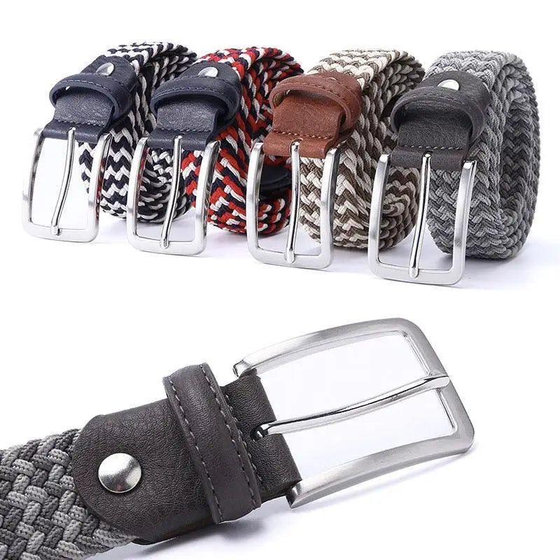 Assorted braided elastic belts with leather accents displayed for fashionable accessorizing