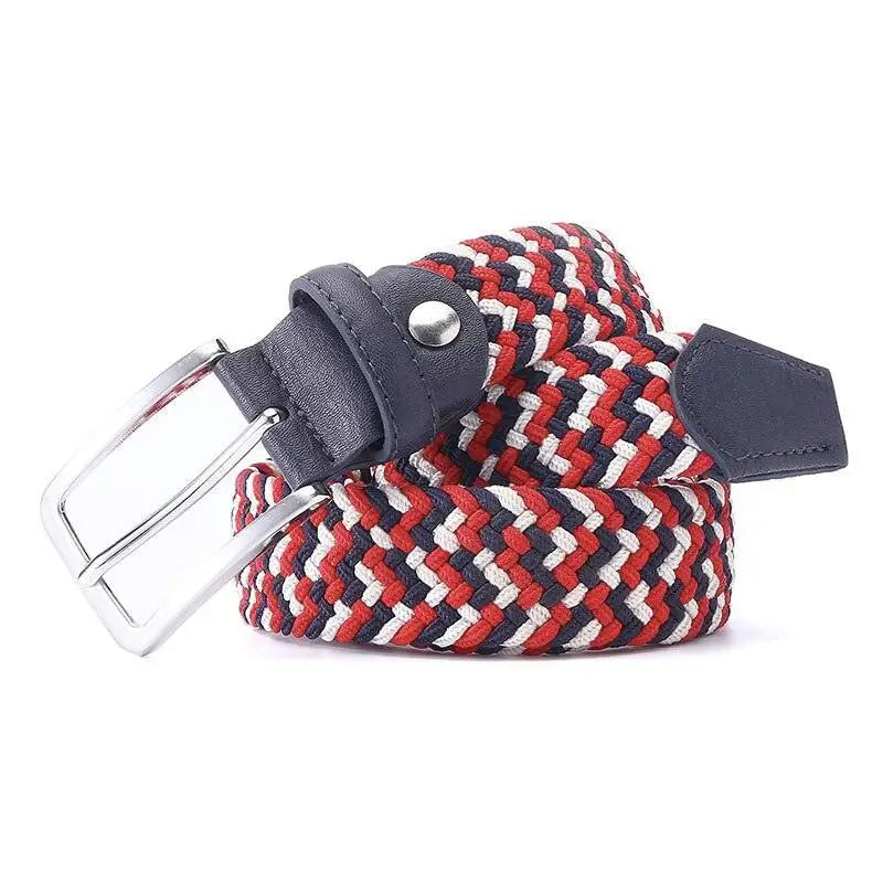 Braided red, white, and blue belt with leather accents from Assorted Braided Elastic Belts