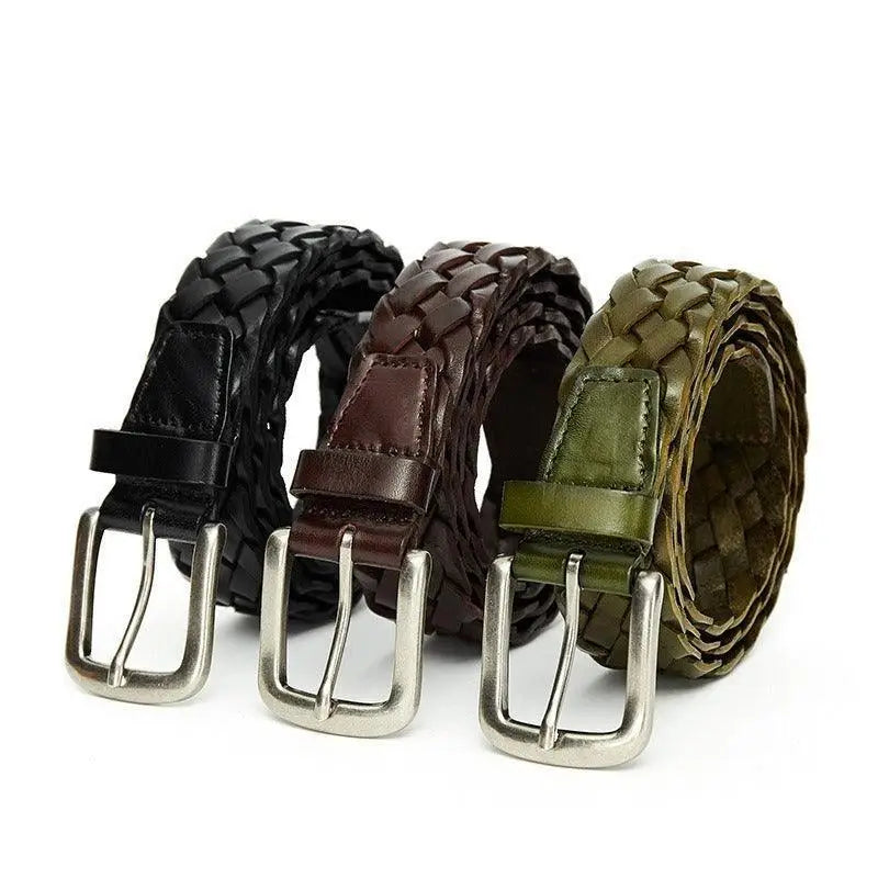 Braided leather belts with metal buckles in Brown and Green for stylish accessories