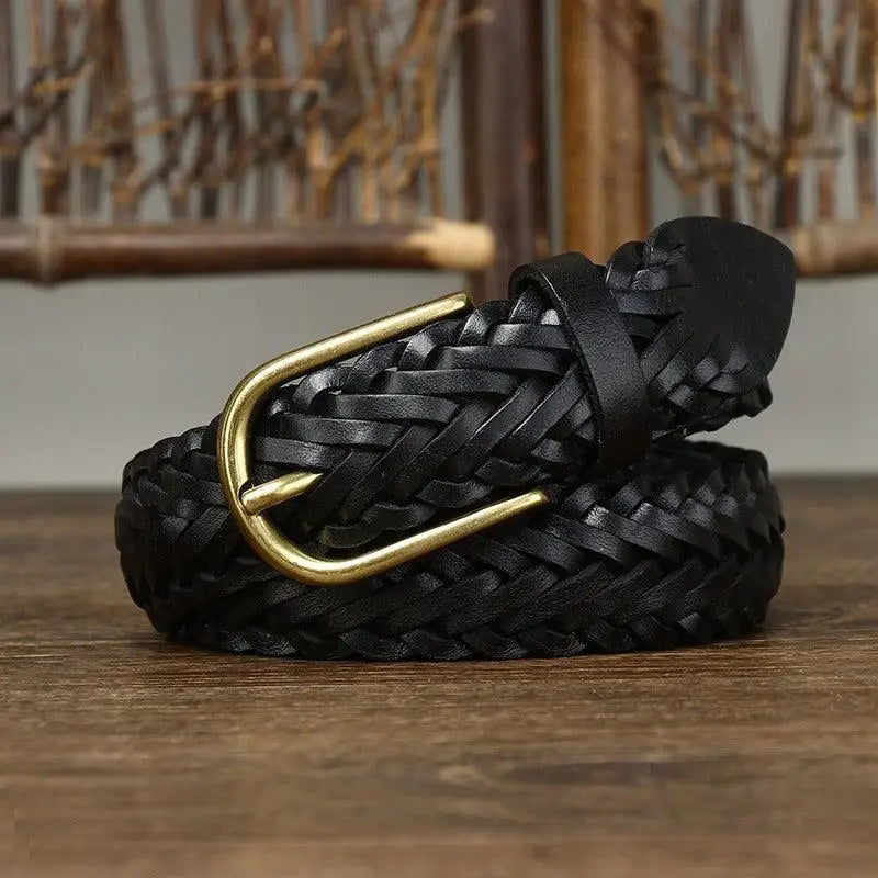 Braided black leather belt with a polished gold buckle from Assorted Braided Leather Belts collection