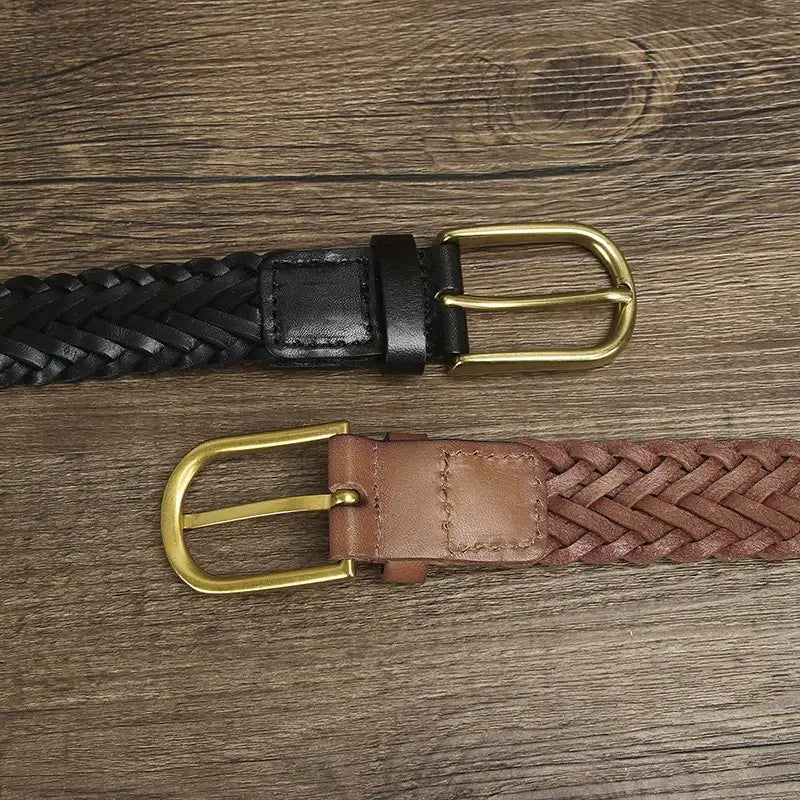 Assorted braided leather belts with brass and gold buckles displayed in a product image
