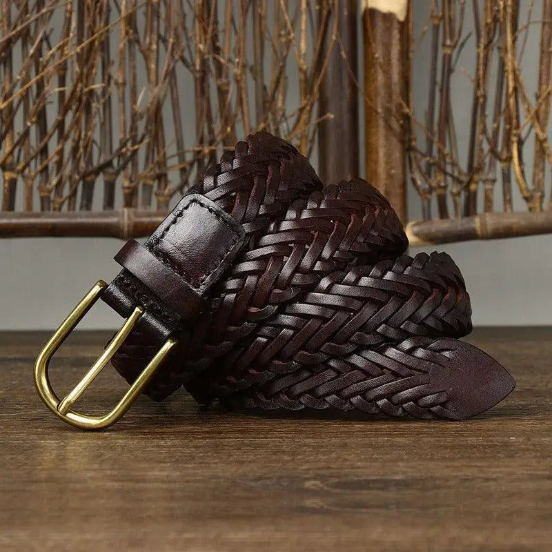 Assorted braided brown leather belts with brass and gold buckles for stylish accessorizing