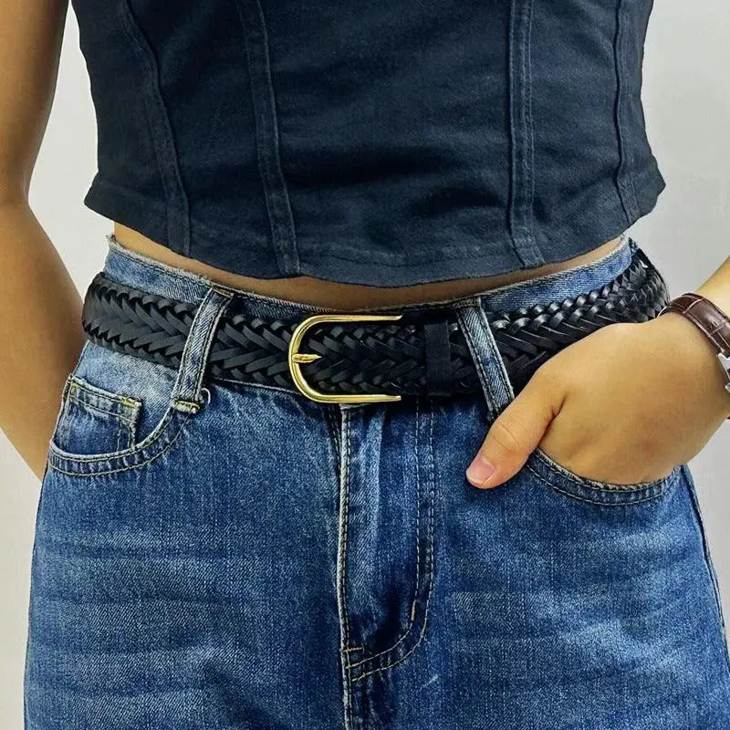 Braided black leather belt with a gold buckle from Assorted Braided Leather Belts collection
