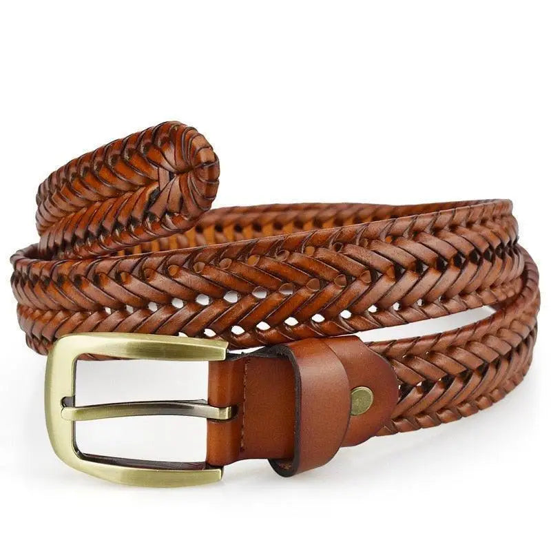 Nikoloz Belt braided brown leather with brass buckle for men