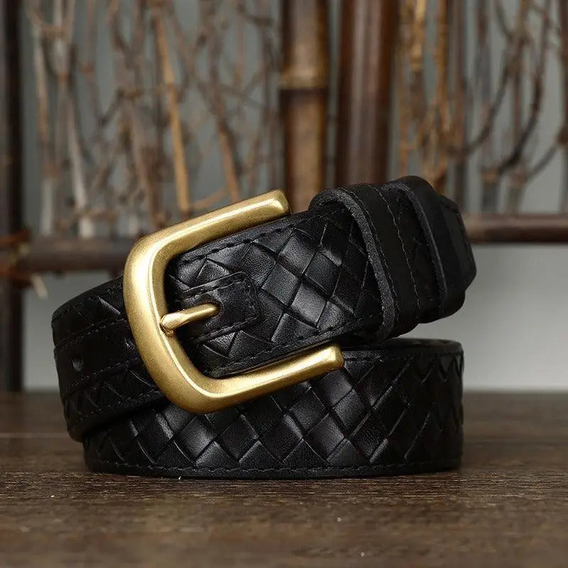 Romuald braided leather belt with brass buckle, stylish braided leather accessory