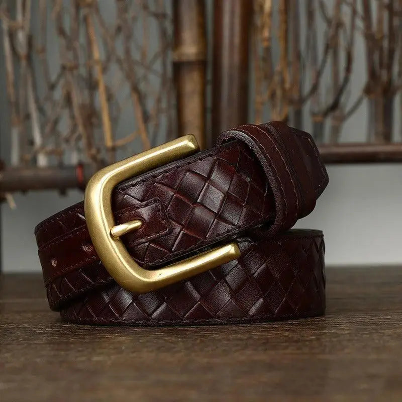 Romuald braided leather belt with brass buckle, stylish braided leather accessory