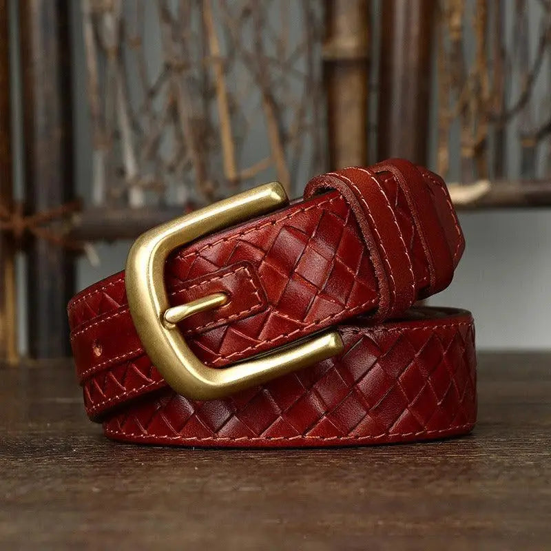 Romuald braided leather belt with gold buckle, crafted from high-quality braided leather