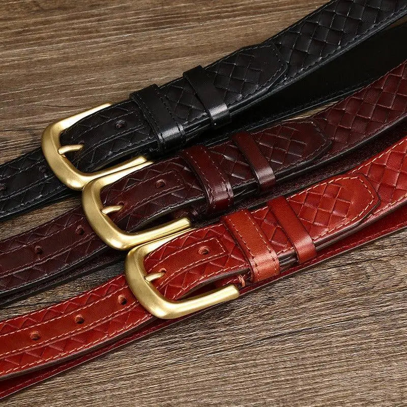 Romuald braided leather belt with gold buckle display featuring three braided leather belts