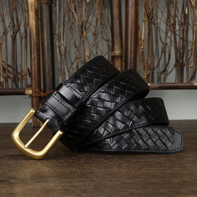 Romuald braided leather belt with gold buckle showcasing quality craftsmanship