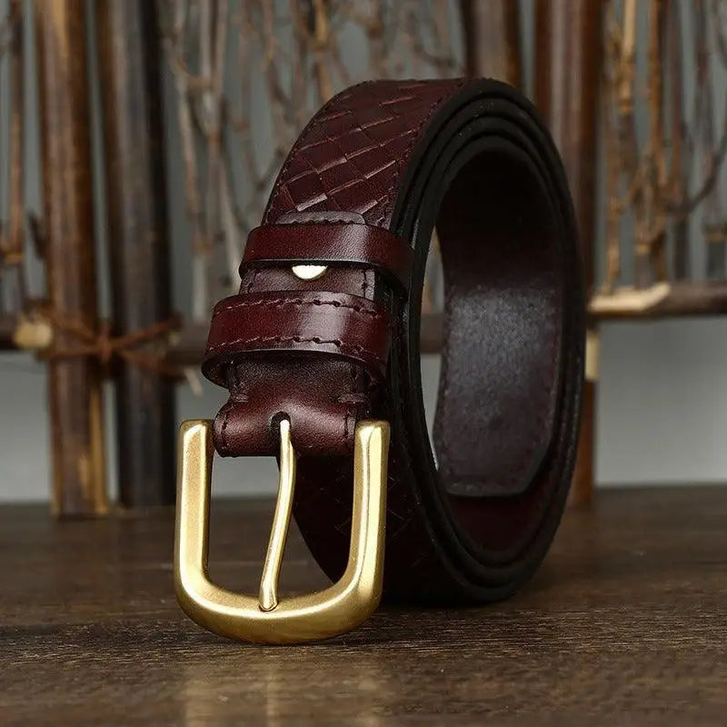 Romuald braided leather belt with gold buckle showcasing premium braided leather design