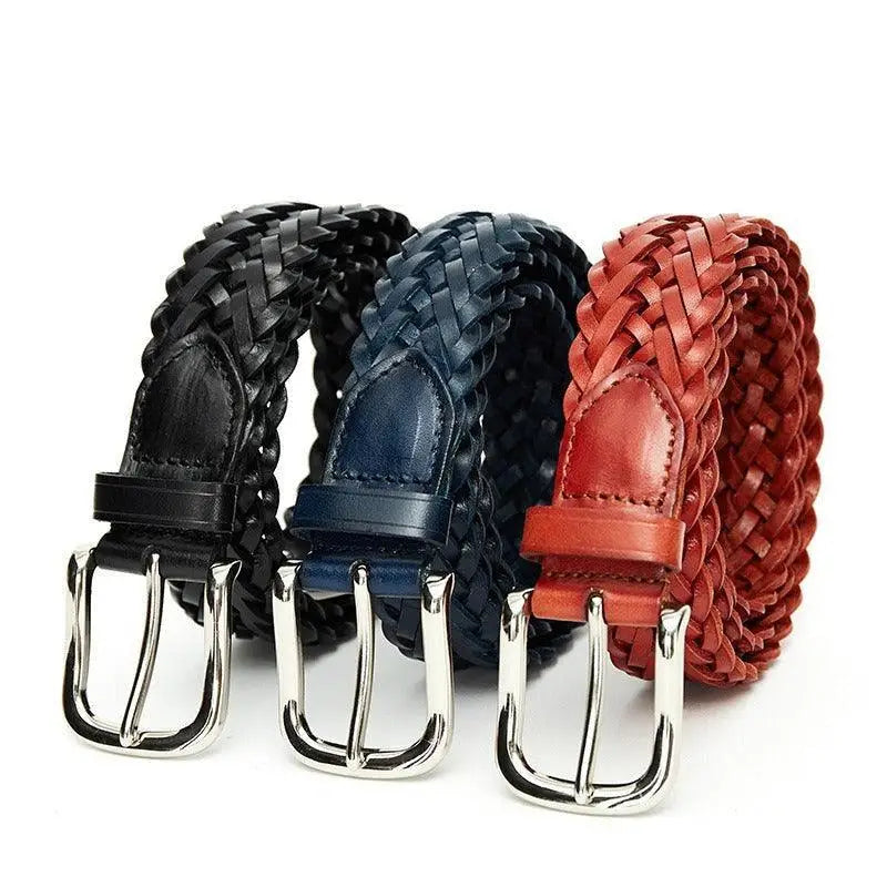 Tobiasz braided leather belt collection with silver buckles showcasing sophisticated braided leather style