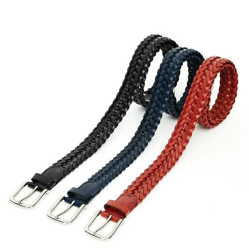 Three braided leather belts from the Tobiasz Braided Leather Belt Collection with Silver Buckles