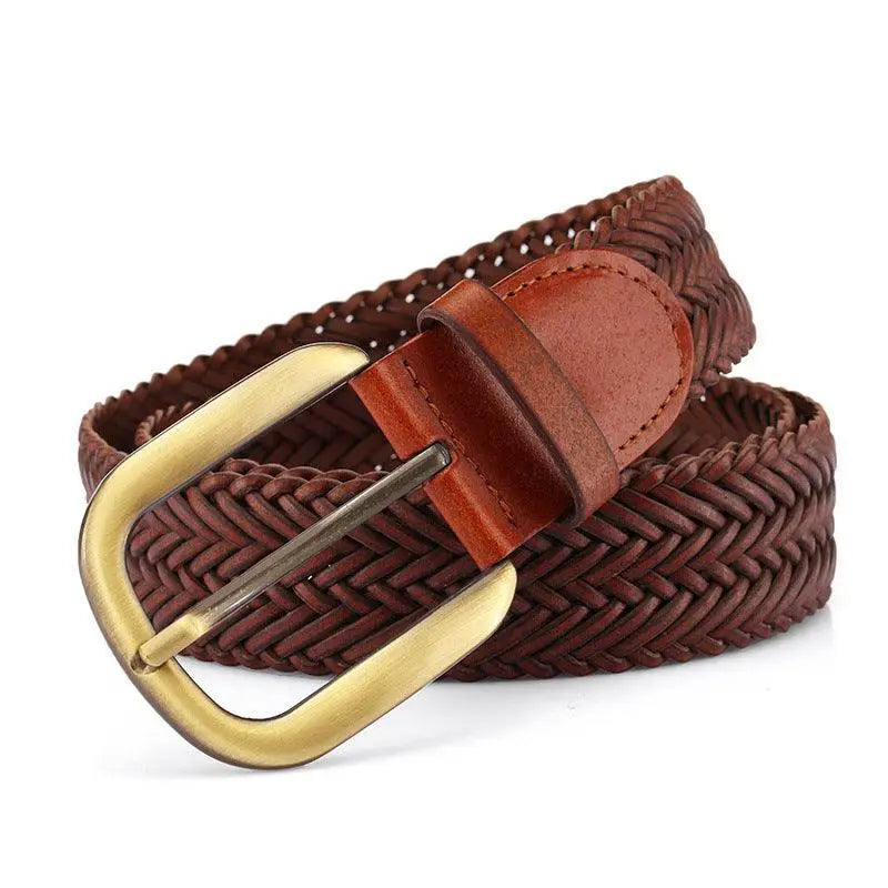 Nancy braided leather belt with brass buckle showcasing stylish braided leather design