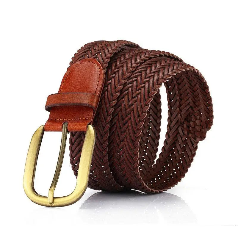 Nancy braided leather belt with brass buckle showcasing stylish braided leather design
