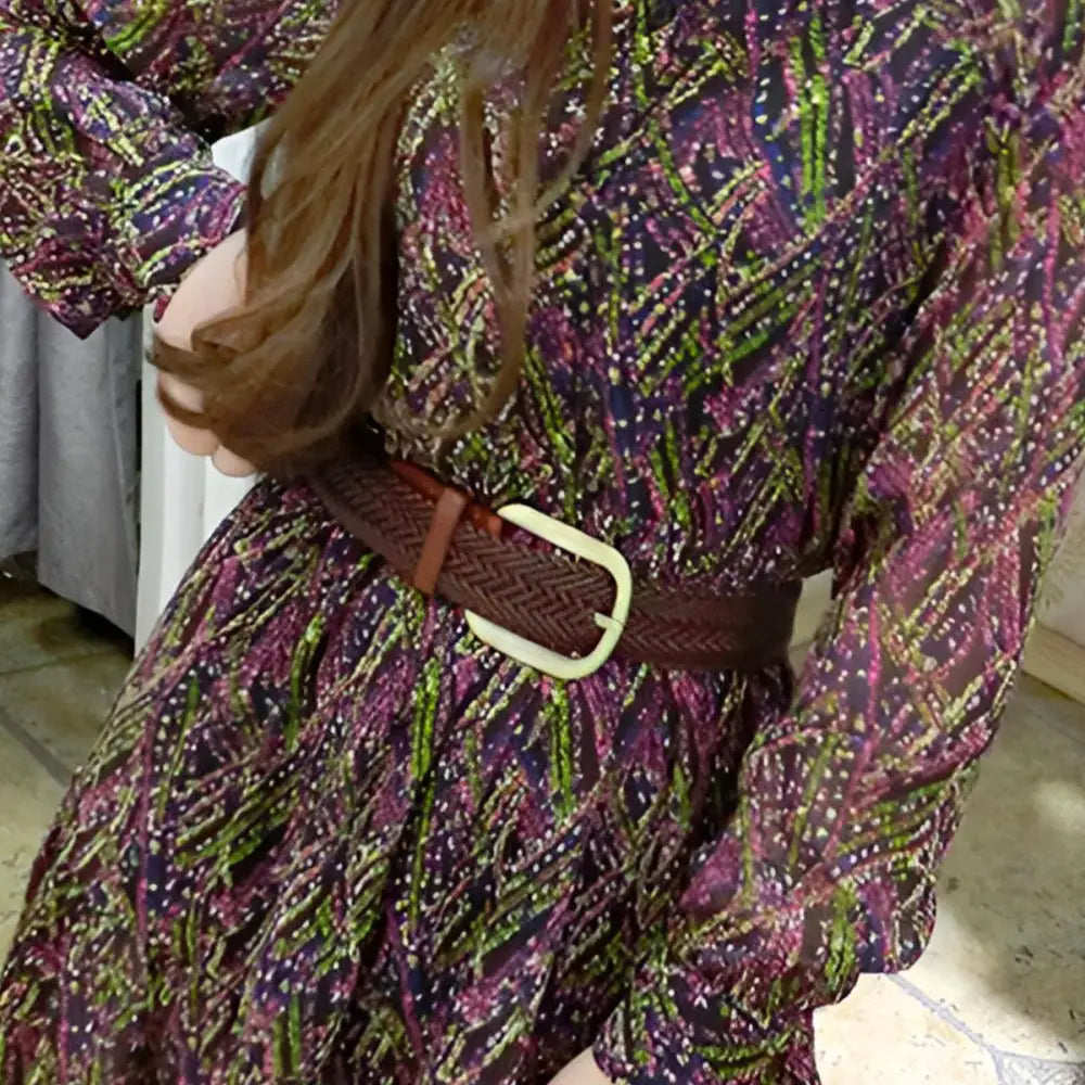 Patterned dress with Nancy braided leather belt featuring brass buckle for stylish wear