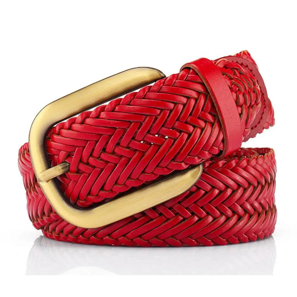 Nancy braided leather belt with brass buckle showcasing stylish woven leather accessory