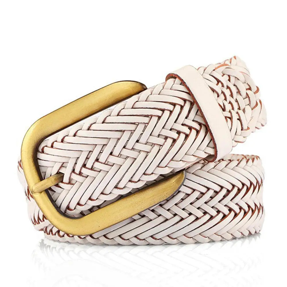 Nancy braided leather belt with brass buckle, stylish white braided leather accessory