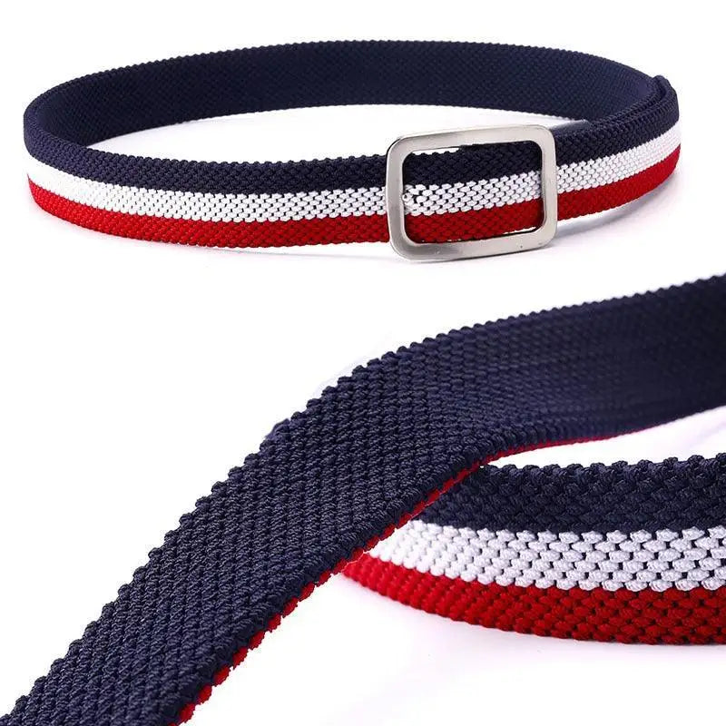 Striped navy red and white fabric belt with silver buckle for stylish wear