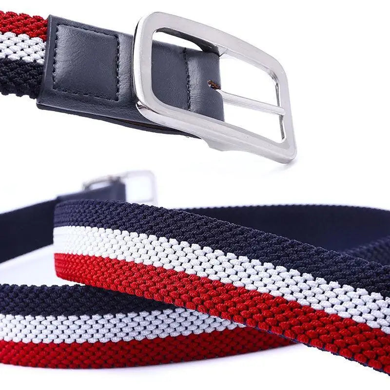 Striped red white and blue fabric belt with silver buckle for stylish accessory use