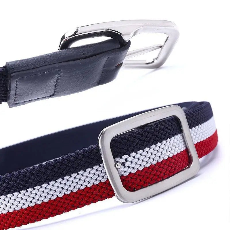 Striped Red White and Blue Fabric Belt with Silver Buckle for casual wear