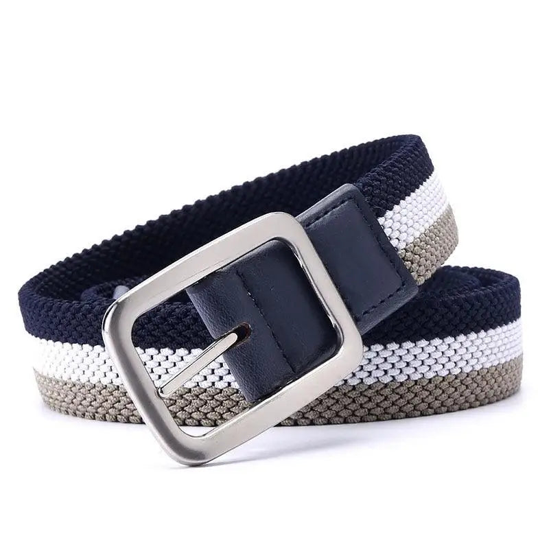 Striped Red White and Blue Fabric Belt with Silver Buckle designed for fashion and durability