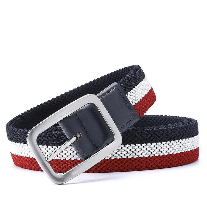 Striped Red White and Blue Fabric Belt with Silver Buckle on a model showing style and durability