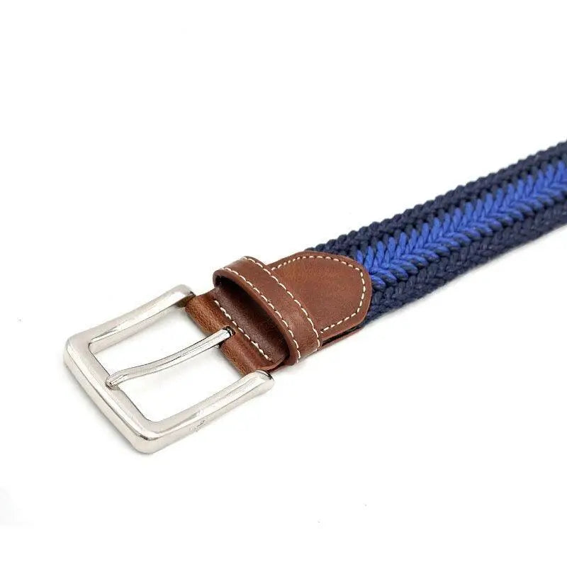 Tarquin Belt in Blue and Navy with Brown Leather and Silver Buckle alt text