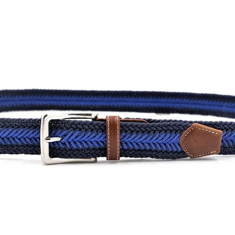 Braided Tarquin Belt in Blue and Navy with Brown Leather and Silver Buckle