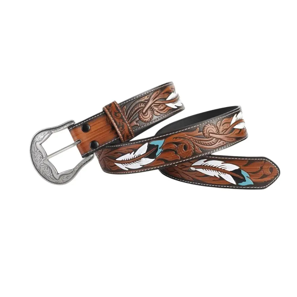 Haruta Feather-Patterned Western Belt with Silver Buckle and feather design