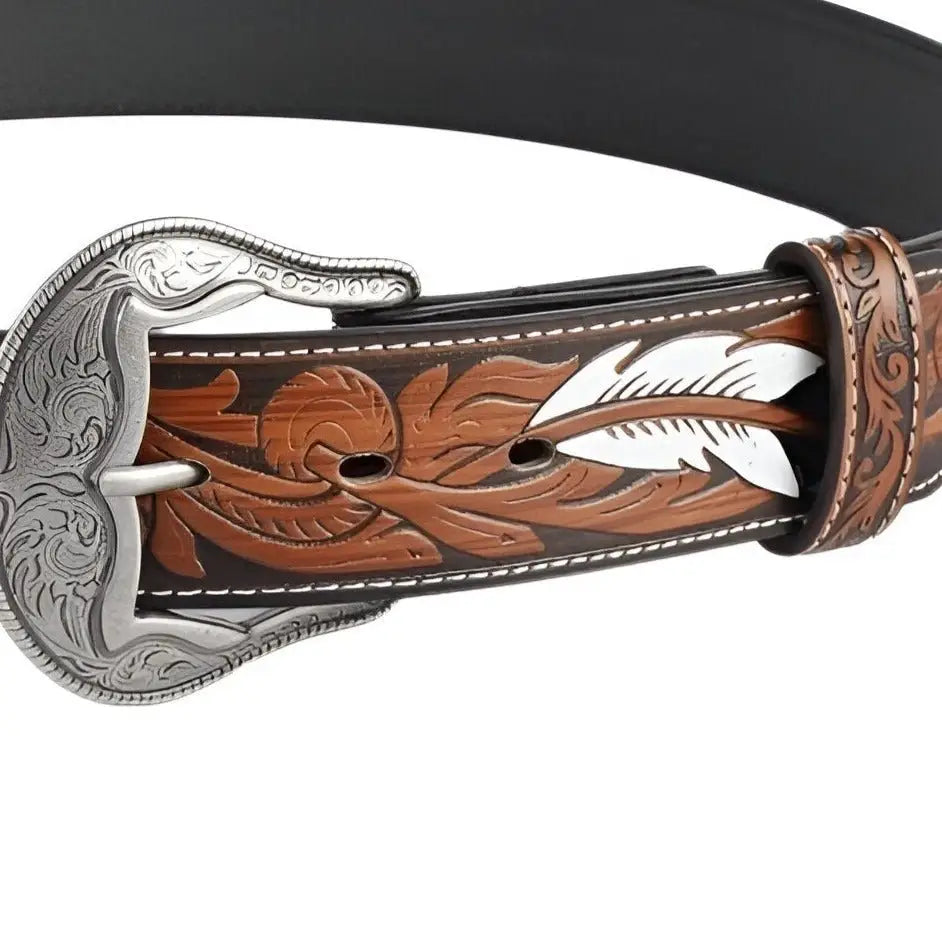 Embossed leather Haruta Feather-Patterned Western Belt with Silver Buckle for stylish western wear