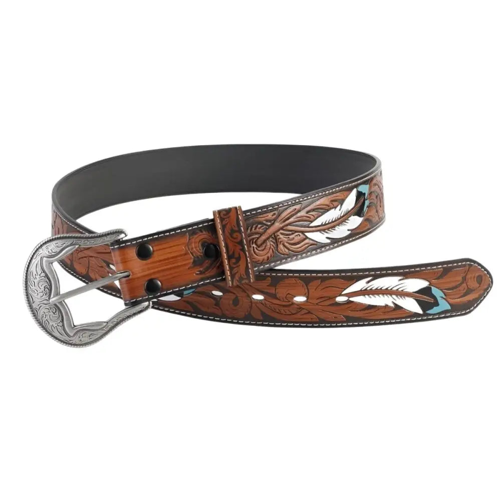 Brown leather haruta feather-patterned western belt with silver buckle for stylish Western wear