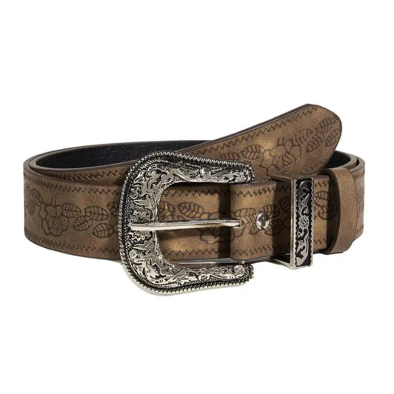 Brown Loway Belt with floral pattern and ornate silver buckle, made of genuine leather
