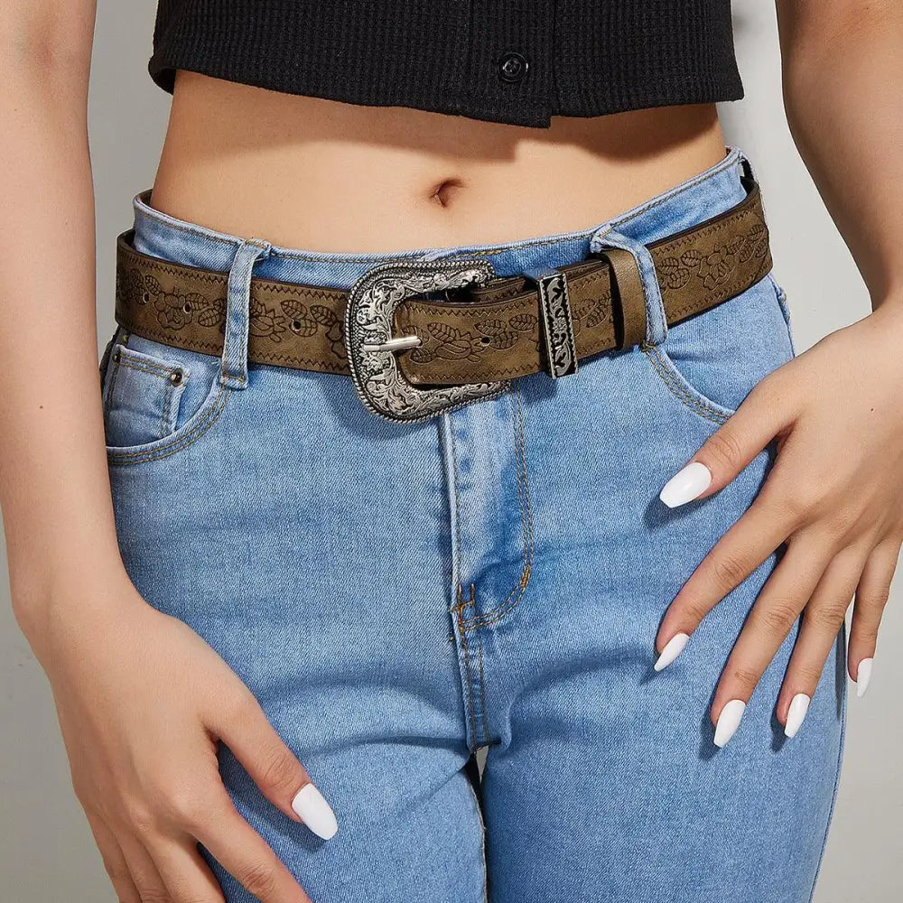Brown Loway Belt with floral pattern and ornate silver buckle for elegant style