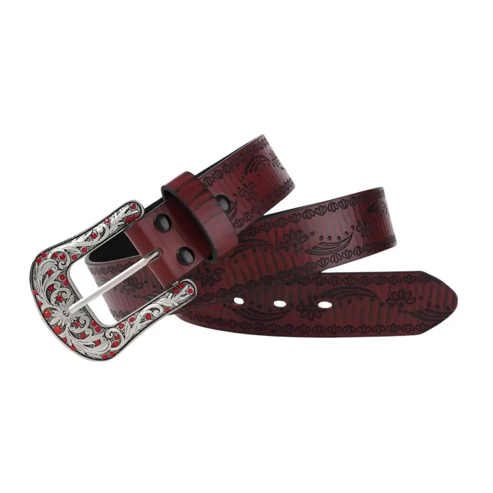 Maroon leather western belt with floral pattern and ornate silver jeweled buckle