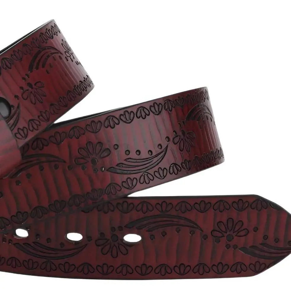 Embossed burgundy leather belt with floral pattern western design and ornate silver buckle