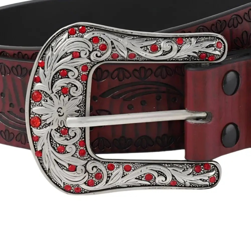 Red leather belt with floral pattern western design and jeweled ornate silver buckle